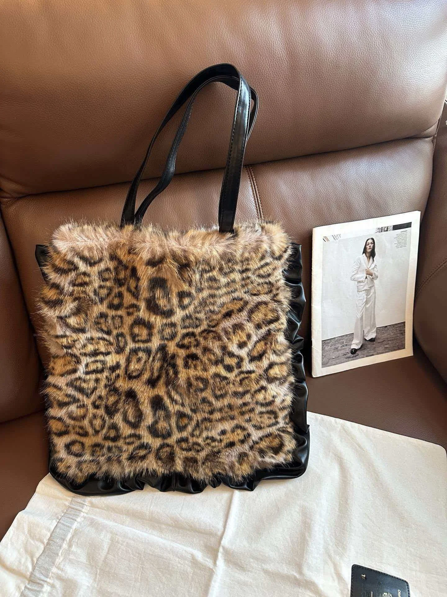 Large Capacity Leopard Print Rabbit Fur Tote Bag Cool Sweet Style Underarm Bag Handbag Single Shoulder Bag Splicing Design