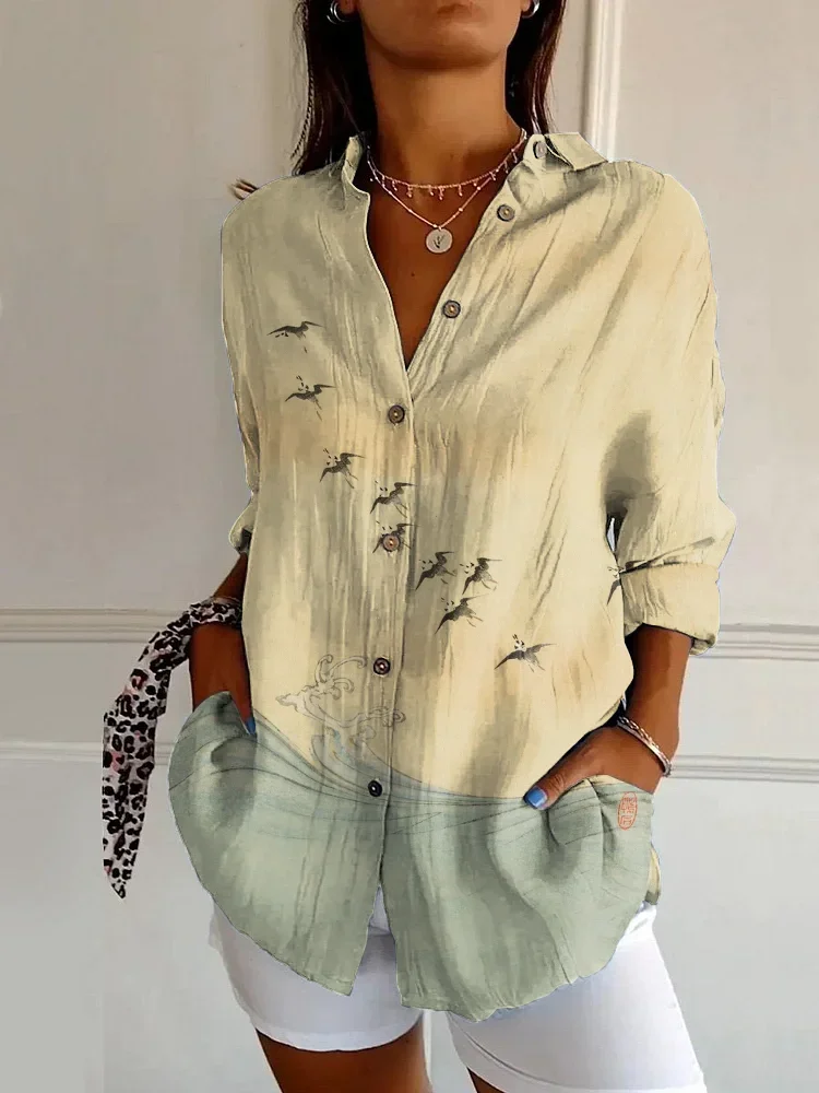 Fashion Trend Women Animal Print Shirt Formal Spring Summer Lapel Four Sides Elastic Fabric Tops Shirt