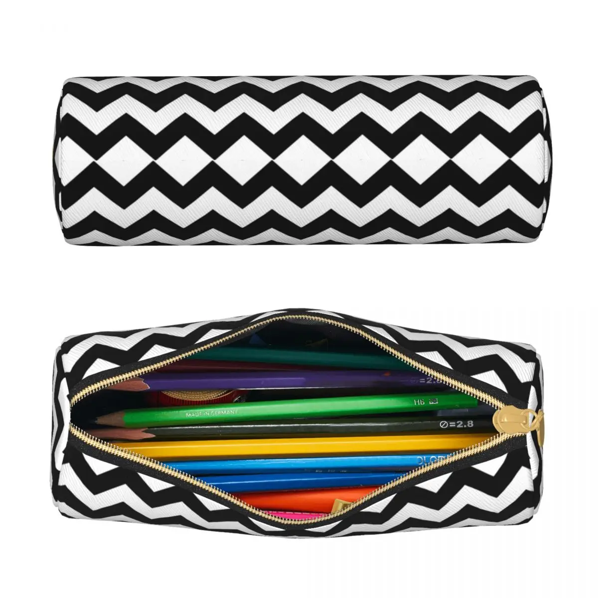 Classic Black White Striped Round Pencil Case Chevron Zigzag Pattern University Teens Leather Pencil Box Cool Zipper Pen Bag