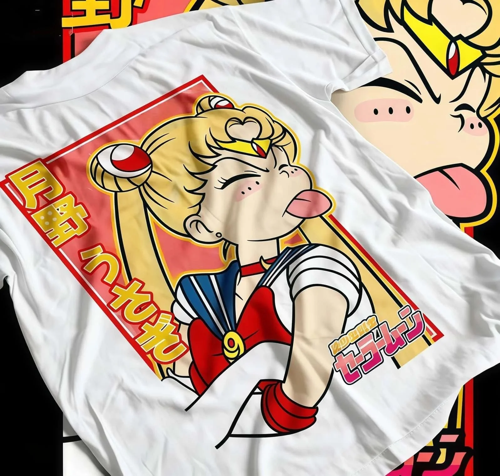 

2026 Summer Pretty Girl Warrior Moon Hare Funny Emojis Printed Cotton Loose T-shirt, Women's Retro Anime Casual Street Top