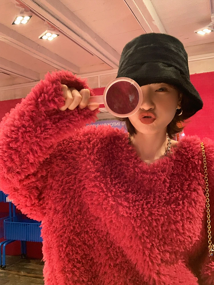 

Женская толстовка Miss Gong's Berry Red с V-образным вырезом и длинными рукавами, утепленная, в модном зимнем стиле, милый дизайн, Pure C...
