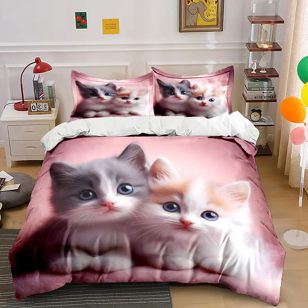 

White cats side by side adorable Duvet Cover Set with 3D Printing Design Soft Polyester Bedding Set All-Season Comfort