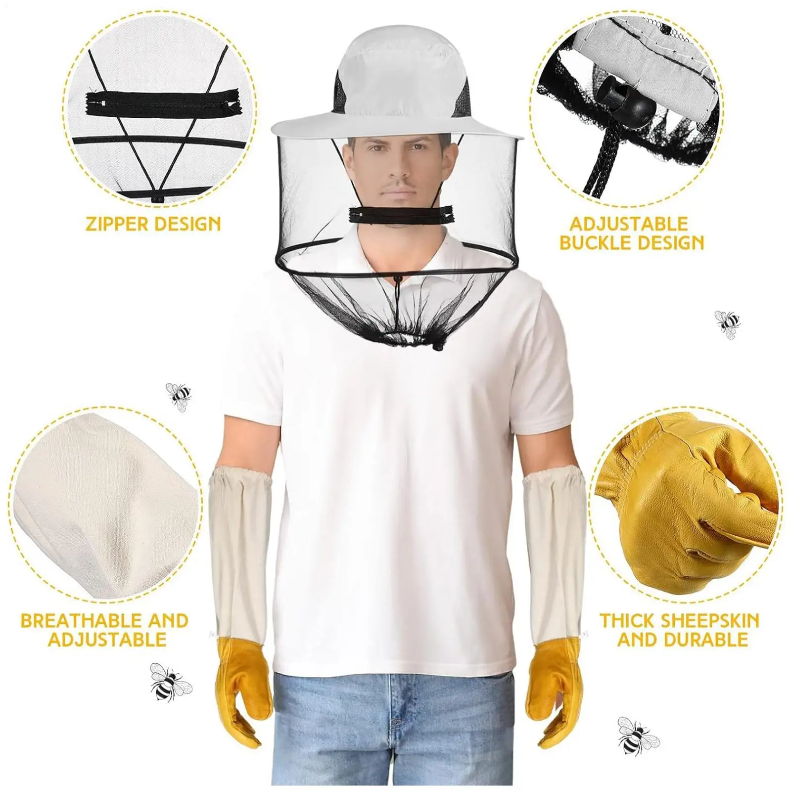 Beekeeping Protective Bee Hat  with Gloves Anti Bee White Hat-Veil Combo Repellent Bee Cap Bug Mesh Mask Bee-keeping Protection view 6