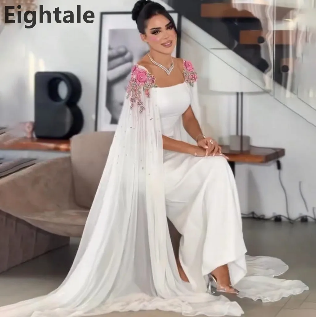 

Eightale 2025 White Mermaid Chiffon Cape Sleeve Evening Dress Saudi Arabic A Line Prom Party Dress Women Formal Gowns Customized