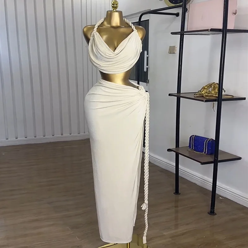 レディースドレスセット ホルターネッククロップトップとハイサイドスリットマキシロングスカートスーツ ツーピースセットアップ