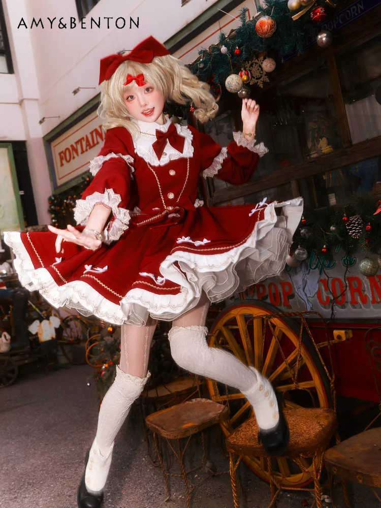 

Christmas New Year Evening Dresses Lolita Red Long Sleeve Mini Dress for Women Sweet Cute Bow Belt Slim Puff Princess Dress
