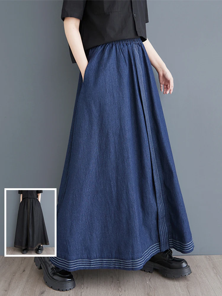 Waed Denim Falda acampanada de cintura alta Longitud larga Color Blo S Faldas casuales de primavera de talla grande para mujer