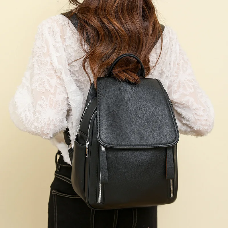 Leisure Pu Leather Travel Commuting Pure Color Sense Large Capacity Portable Backpack Bag for Women