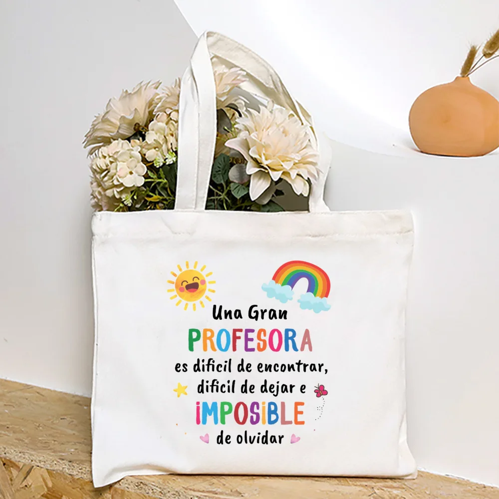 Spanish Print Women Tote Bag Book Bags Teacher Life Canvas Shopping Bags Travel Shoulder Bag Graduate Thanks Gifts for Teacher