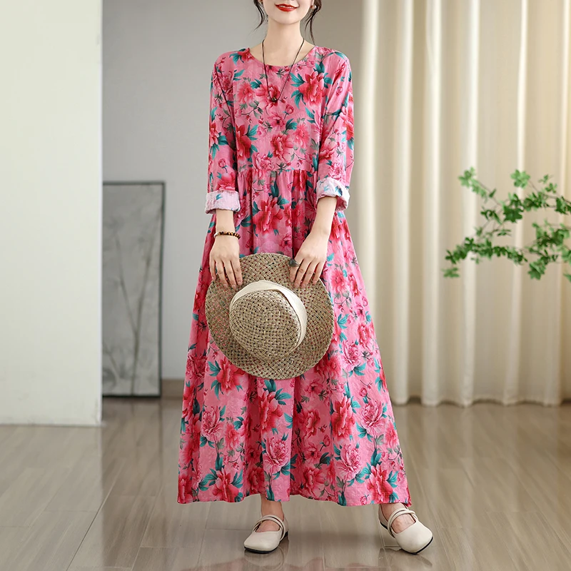 Frühherbst Blumendruck Vaion Sle Travel rund Ne Retro Lang Dr Baumwolle Leinen Material Roter langer Rock Lässig Süß...