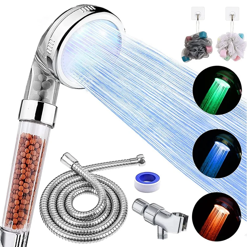 NEW-LED Shower Head With Handheld, 3 Water Temperature-Controlled Water Saving Filtered Shower Head For Dry Hair & Skin