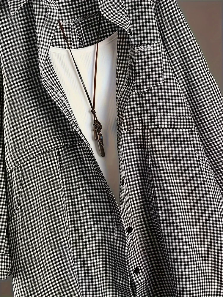 Customization Plus Size New Korean Fashion Blouses Plaid Button Solid Midi Autumn Shirt Female All-match Loose Long Sleeve Polo- - view 3