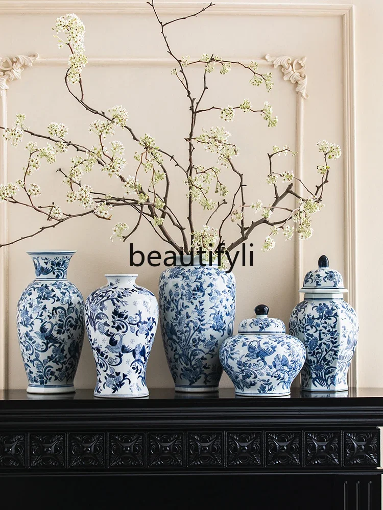 Blue and white porcelain underglaze hand-painted ceramic ornaments New Chinese living room Bogu rack decorative vase