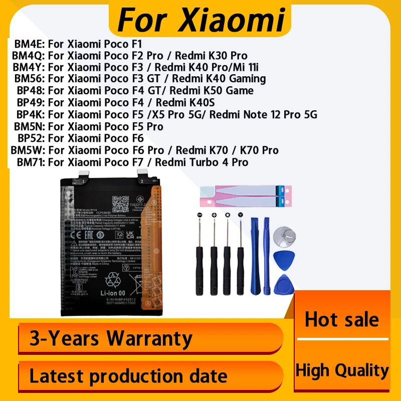 Brand New Battery For Xiaomi Poco F7 F6 F5 F4 F3 F2 F1 X5 Redmi Note 12 K30 K40 K40S K50 K70 GT Pro 5G Batteries +Fast Shipping