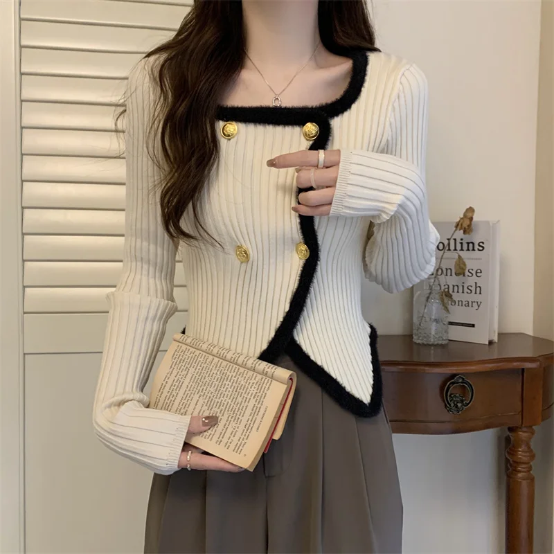 Double Breasted Knitted Sweater Women Square Collar Korean Jumpers Knitwear Golden Buttons Vintage Harajuku Elegant Office