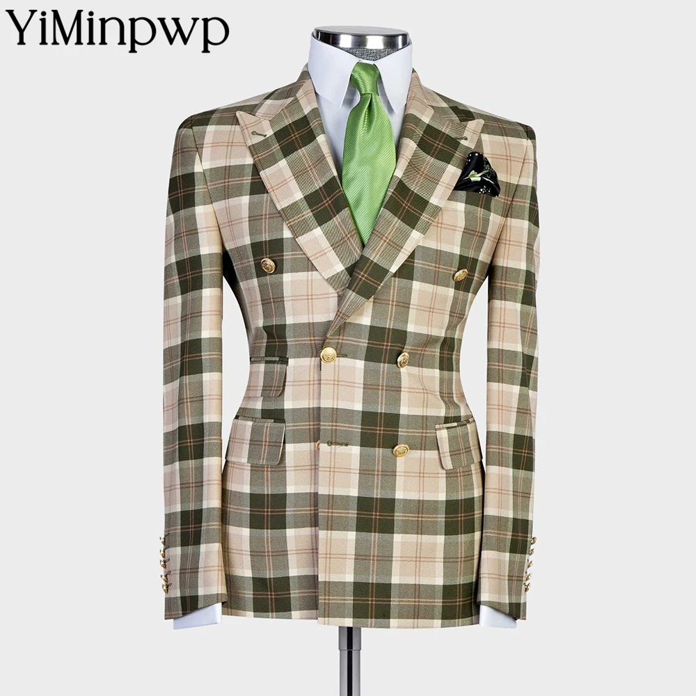 

Plaid Slim Fit Suit 2 Pieces Double Breasted Gold Button Valentine's Day Wedding Suit Business Matching Wedding Party Tuxedos