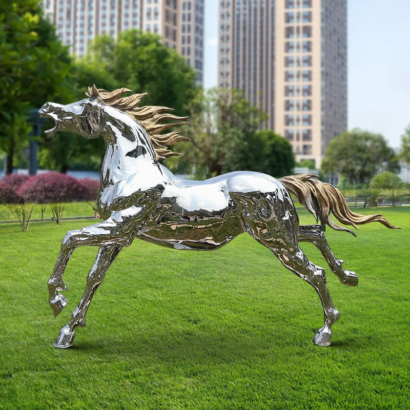 Stainless steel pegasus sculpture is an abstract mirror horse ornament outdoor sales department landscape decoration
