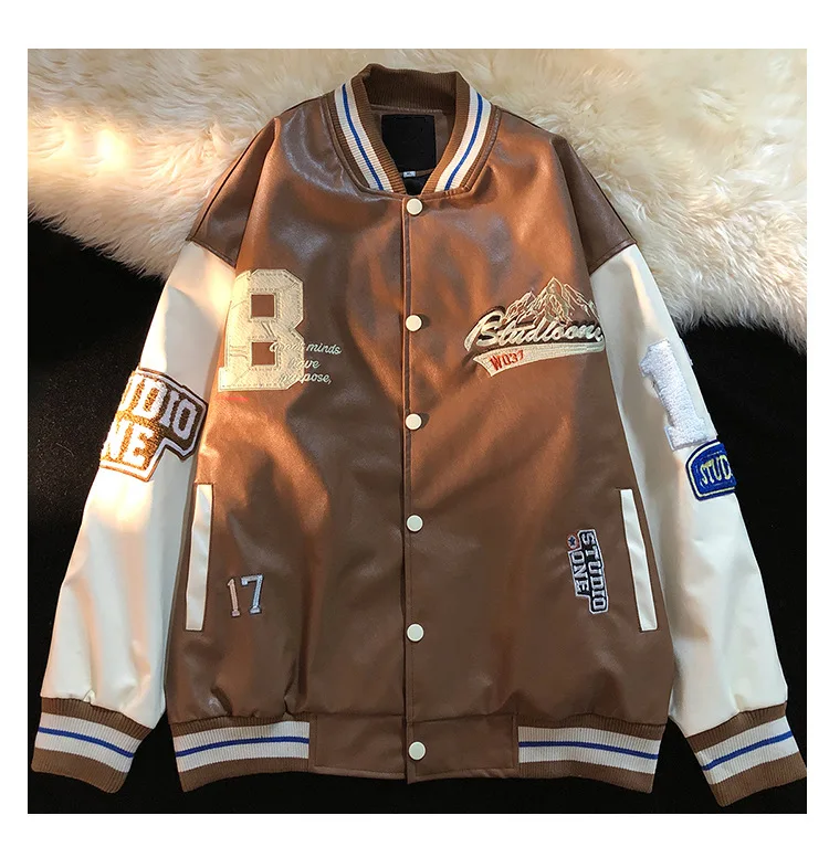 American 90s Retro Leather Bomber Jacket Men Autumn Casual Trend Motorcycle Jacket Korean Baseball Uniform Leather Jacket