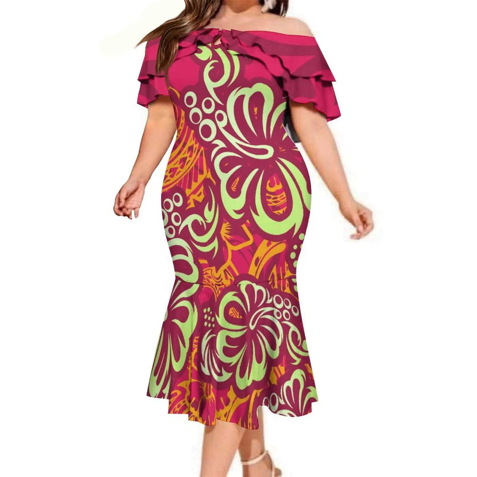 High-Quality Hawaiian Floral Print Polynesian Island Samoan Women'S Off-The-Shoulder Dress, Cocktail Party Fishtail Long Dress