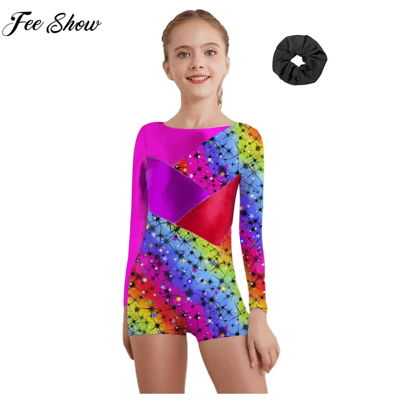 어린이 소녀 체조 발레 댄스 레오타드 긴 소매 메탈릭 샤이니 프린트 바디수트 피겨 스케이팅 요가 수영 스포츠 피트니스용