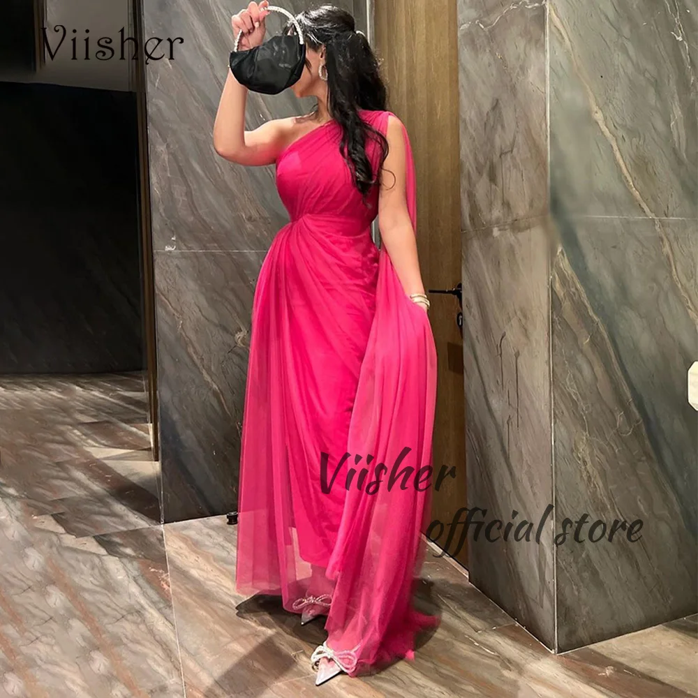 Viisher Fuchsia Chiffon Mermaid Evening Dresses One Shoulder Elegant Dubai Arabic Prom Party Dress Floor Length Formal Dress