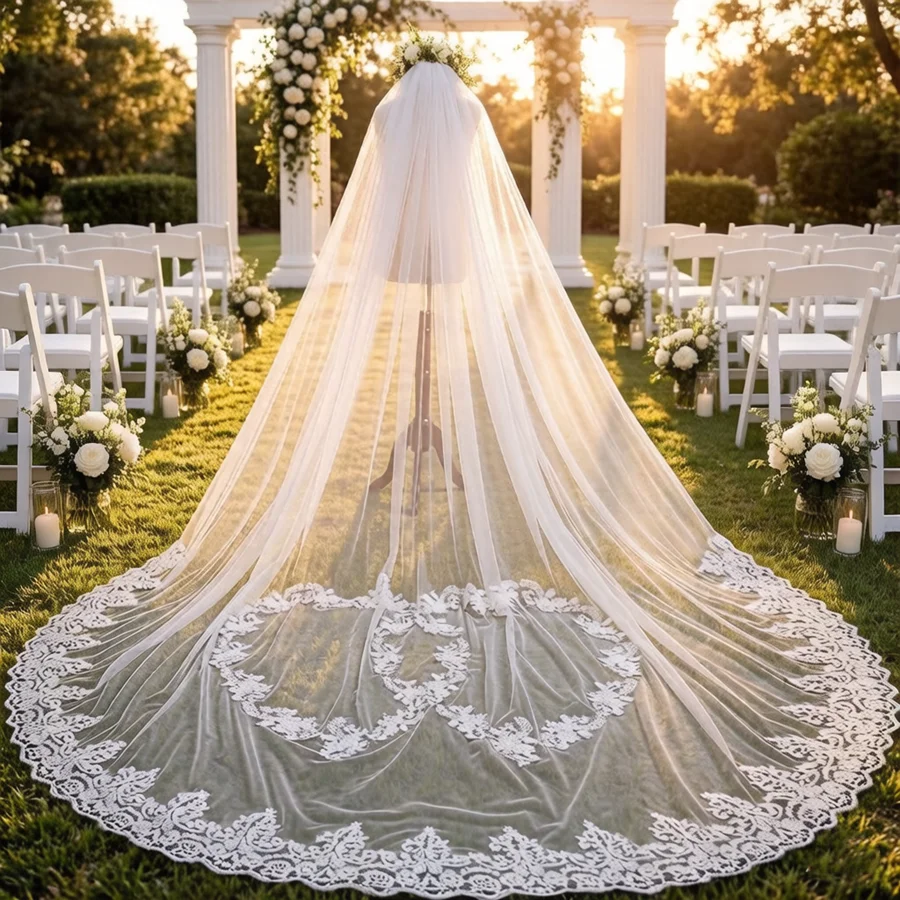 

Customized White Ivory Wedding Veils Lace Appliques Bridal veil Bride Wedding accessories Voile mariée One Layer Bridal Veils