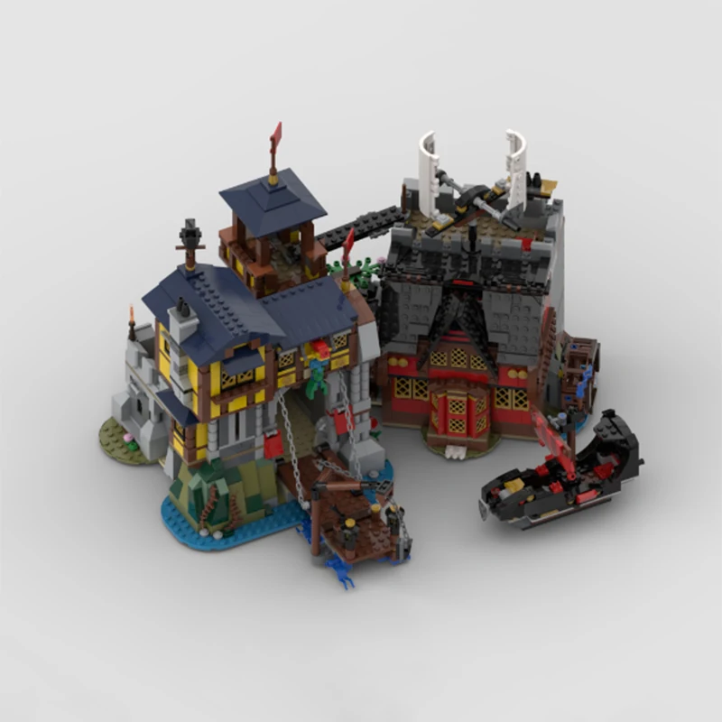 Creative Medieval Castle Port and Pirate Tavern MOC Building Blocks Modular Architecture Assembly DIY Model Brick Collector Sets