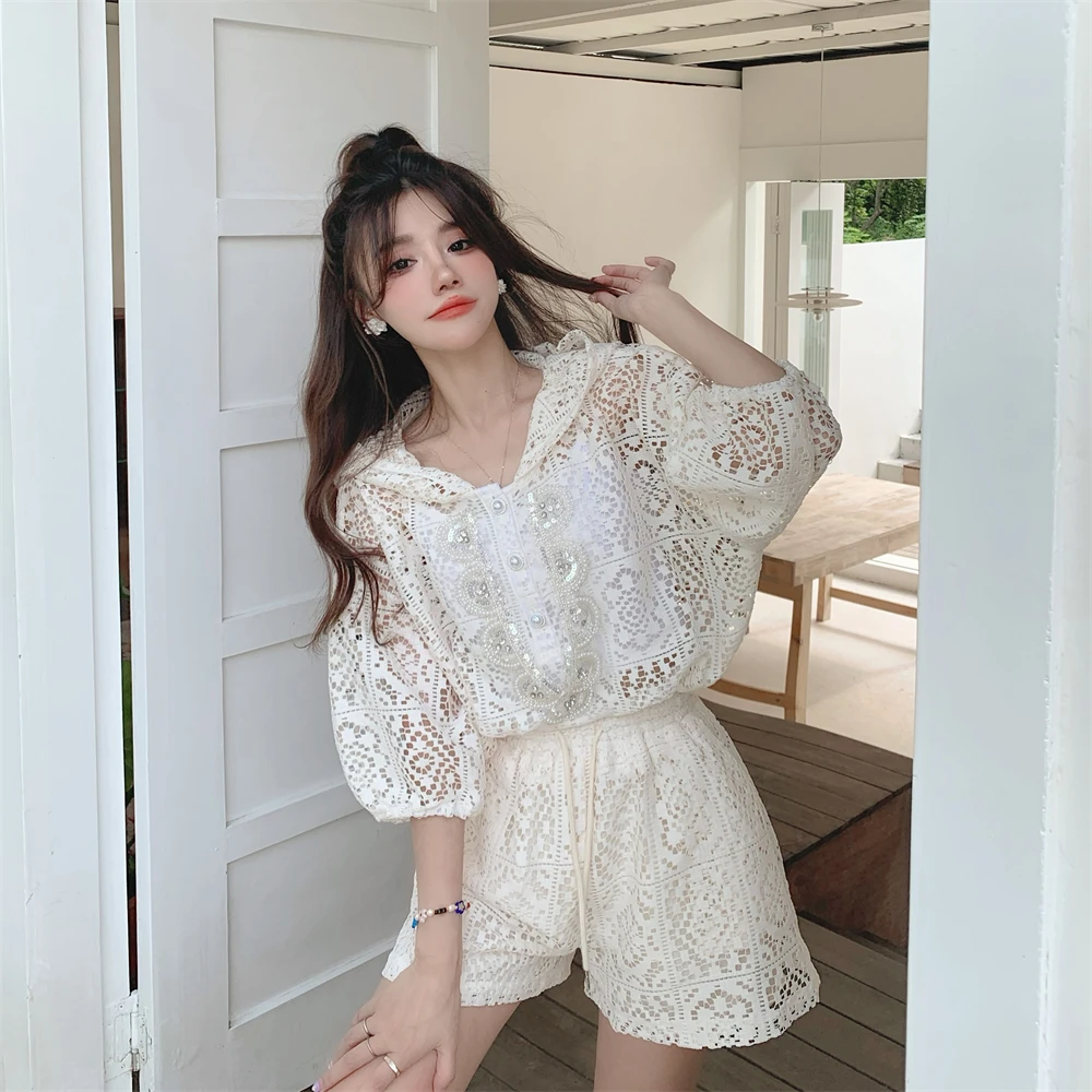 Two-pieces Sets 2022 Summer Loose Lace Hollow Out Short Sleeve T-shirts Suits Female Korean Thin Hooded Tops Shorts 8774