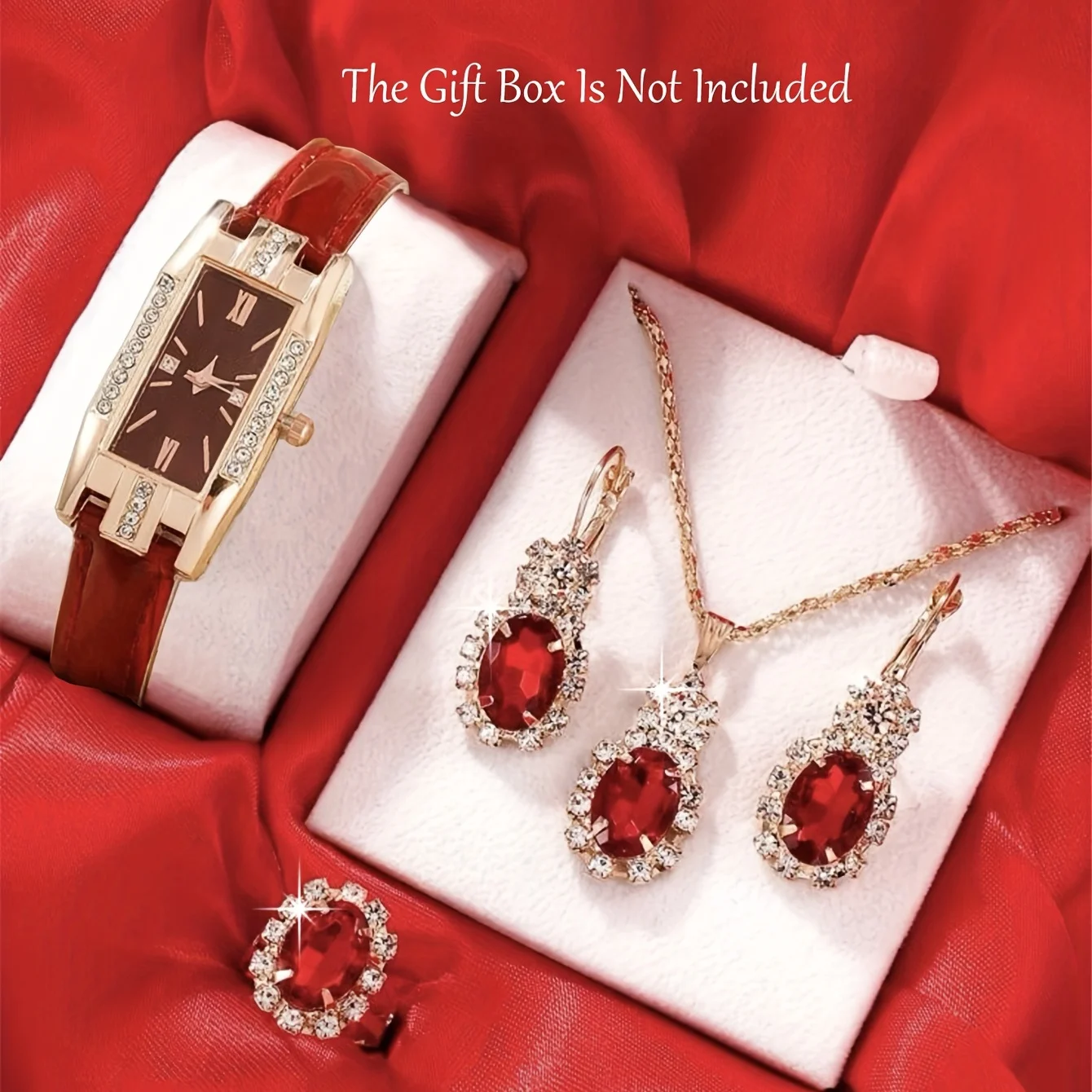 Women's Watch Rectangle Pointer Quartz Watch Luxury Rhinestone Analog Wrist Watch & 4pcs Jewelry Set, Gift For Mom Her