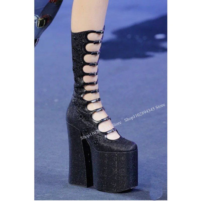 

Black Hollow Pattern Platform Boots Mid Calf Thick Heel Fashion Sexy 2023 Summer Casual Big Size Woman Shoes Zapatillas Mujer