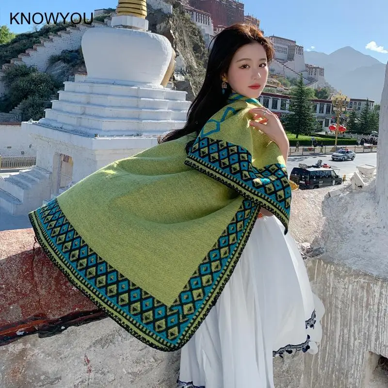 

Винтажные пончо в этническом стиле, женский теплый шарф из смеси кашемира, осень-зима 2026, толстая куртка с зеленым принтом Echarpes, мужская верхняя одежда