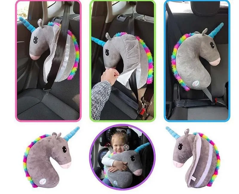 Almohada de unicornio de dibujos animados, funda para cinturón de seguridad de coche con relleno de animales, juguetes de peluche, almohada suave para niños, cojín de cintura, hombrera de seguridad