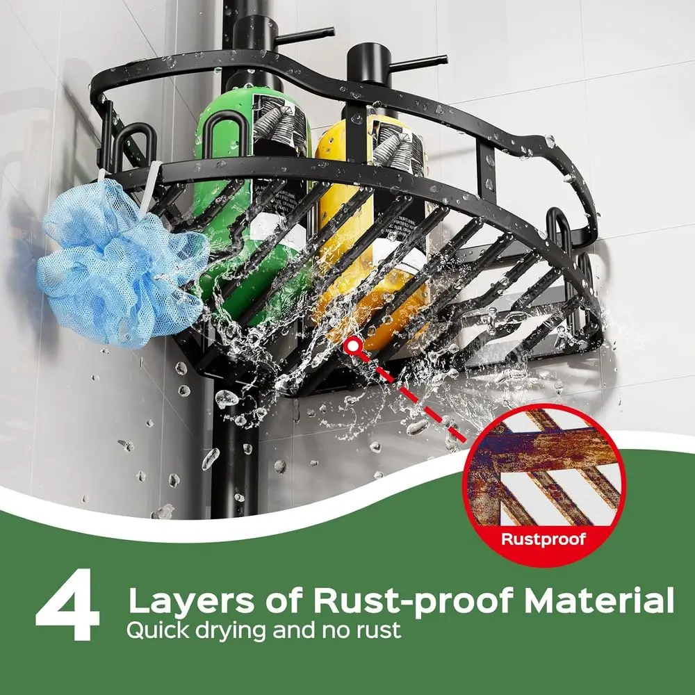 Rust-Free Tension Pole Shower Caddy: 4-Tier Corner Organizer with Floor Support for Large Storage in Apartments - 47-121 Inch, B