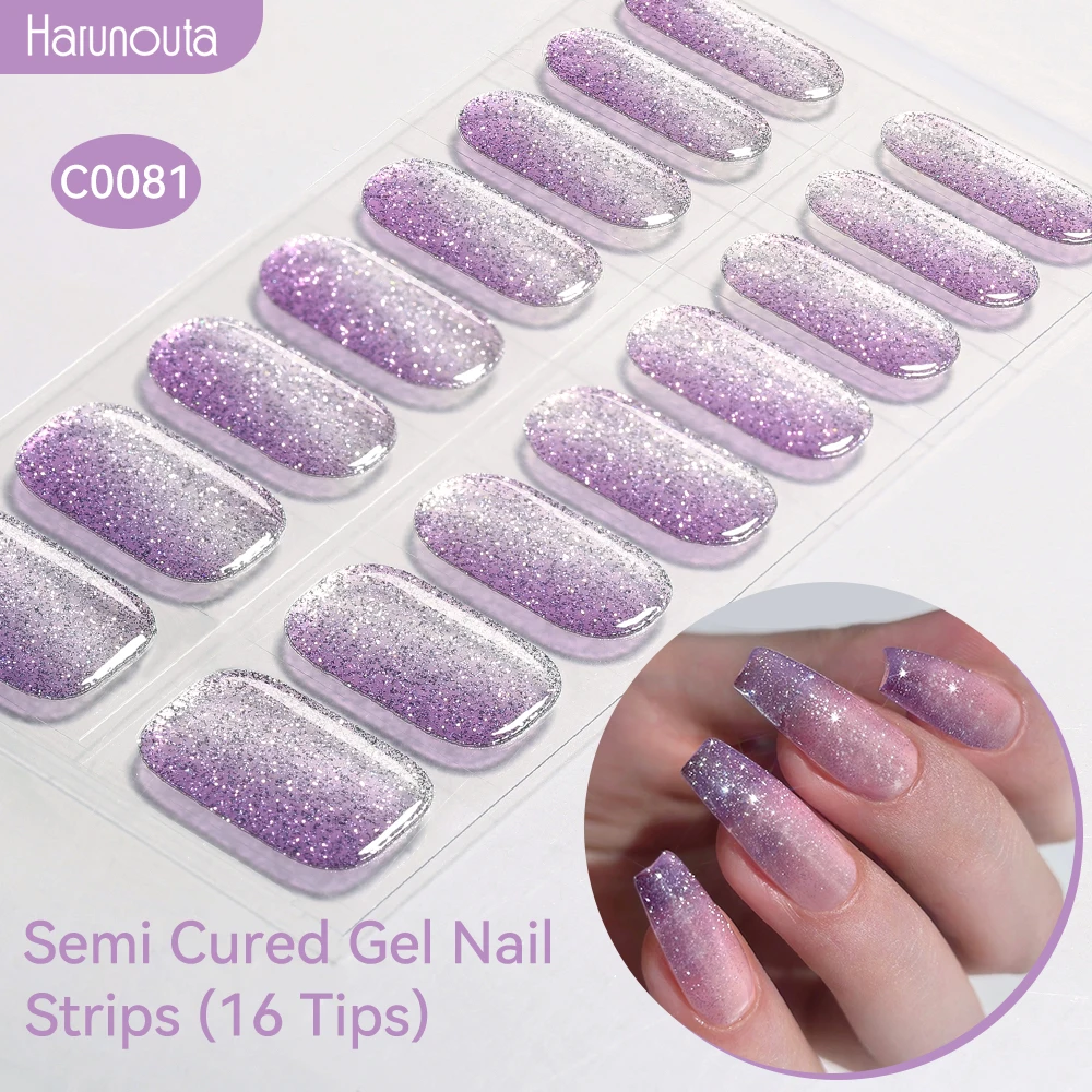 Harunouta Jelly Pink Glitter Semi Cured Gel Nail Sticker Long-Lasting UV Nail Sticker UV/LED Extension Gel Polish Full Cover