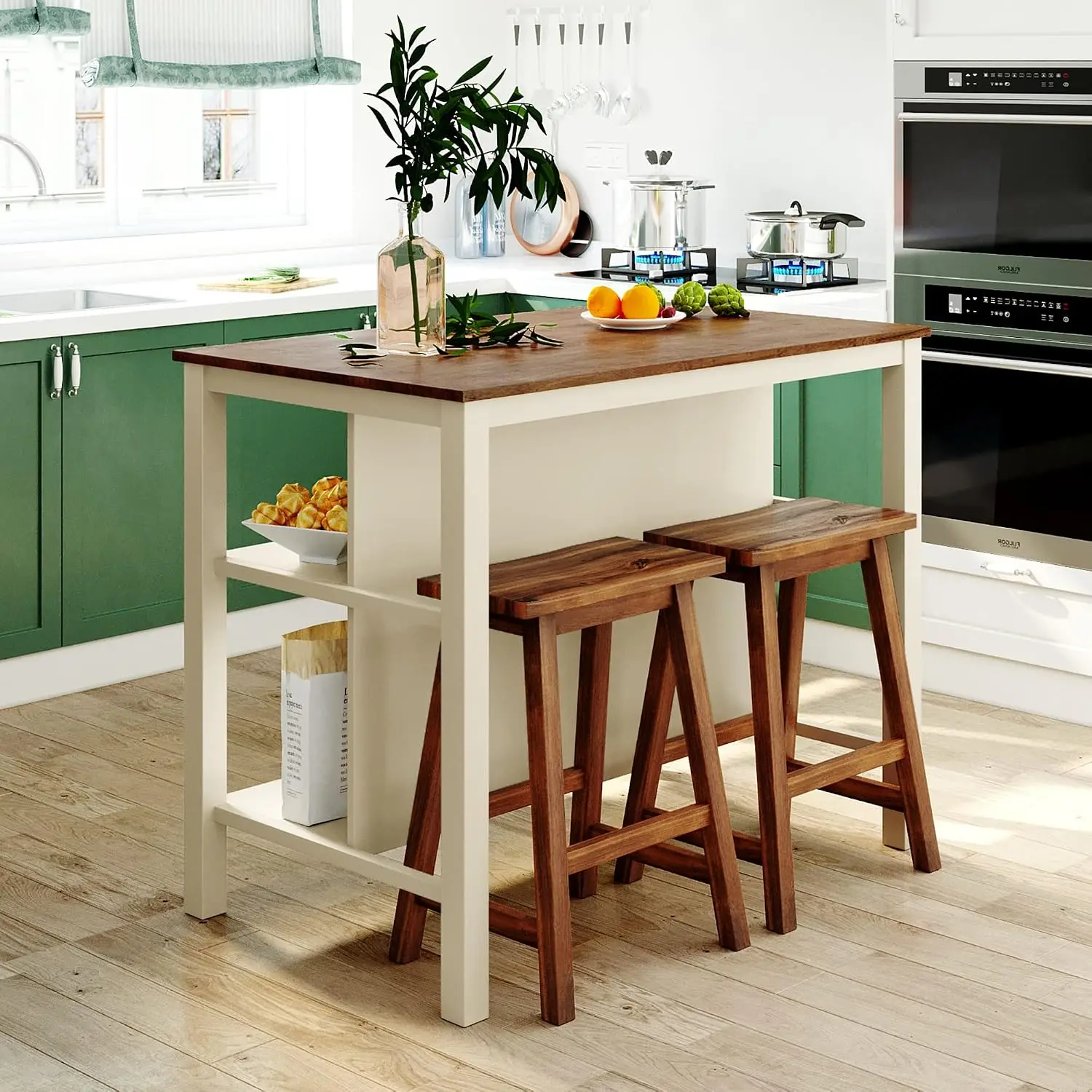 Kitchen Island Set with 2 Stools & Shelves, Wood Dining Prep Table for Small Places, Walnut+Cream White, Customized