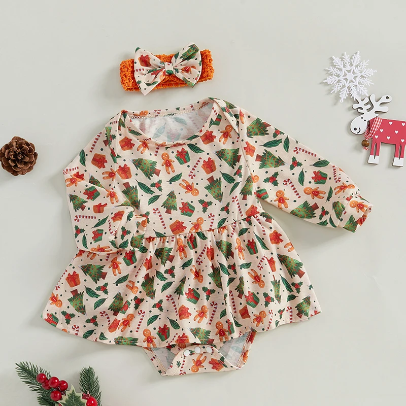 Baby Girls 2Pcs Christmas Outfits Long Sleeve Gingerbread Print Romper Dress Headband Set Newborn Clothes image 5