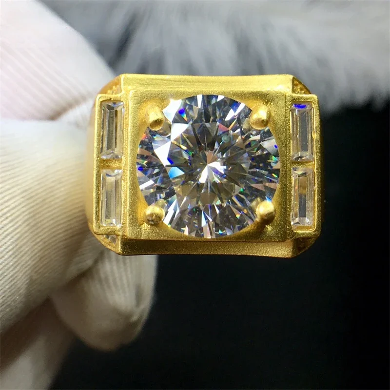 Men's Vintage 18K Gold Plated 5 Carat Moissanite Ring Premium Cut Tester Pass D Color Moissanite Party Ring Wedding Jewelry