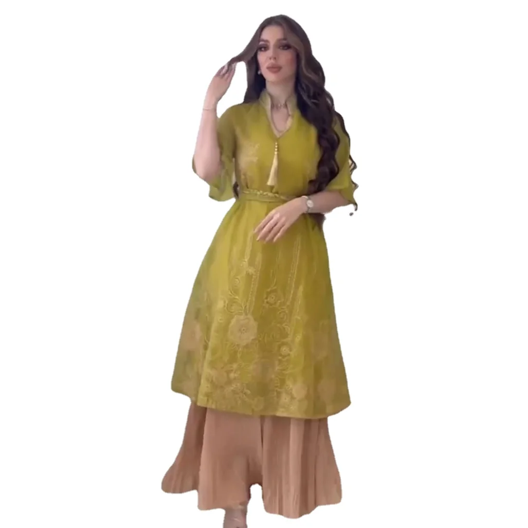 

Zigui Formal Dress Women Elegant Birthday Gold Embroidery Flower Tassel Flare Sleeve Stand Collar Muslim Yellow Chiffon Dresses