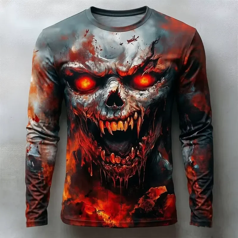 3D Long Sleeve Men T Shirt 2026 Horror Skull Forest Castle Gothic Print Crew Neck Streetwear Tops Halloween Casual Tee 2026