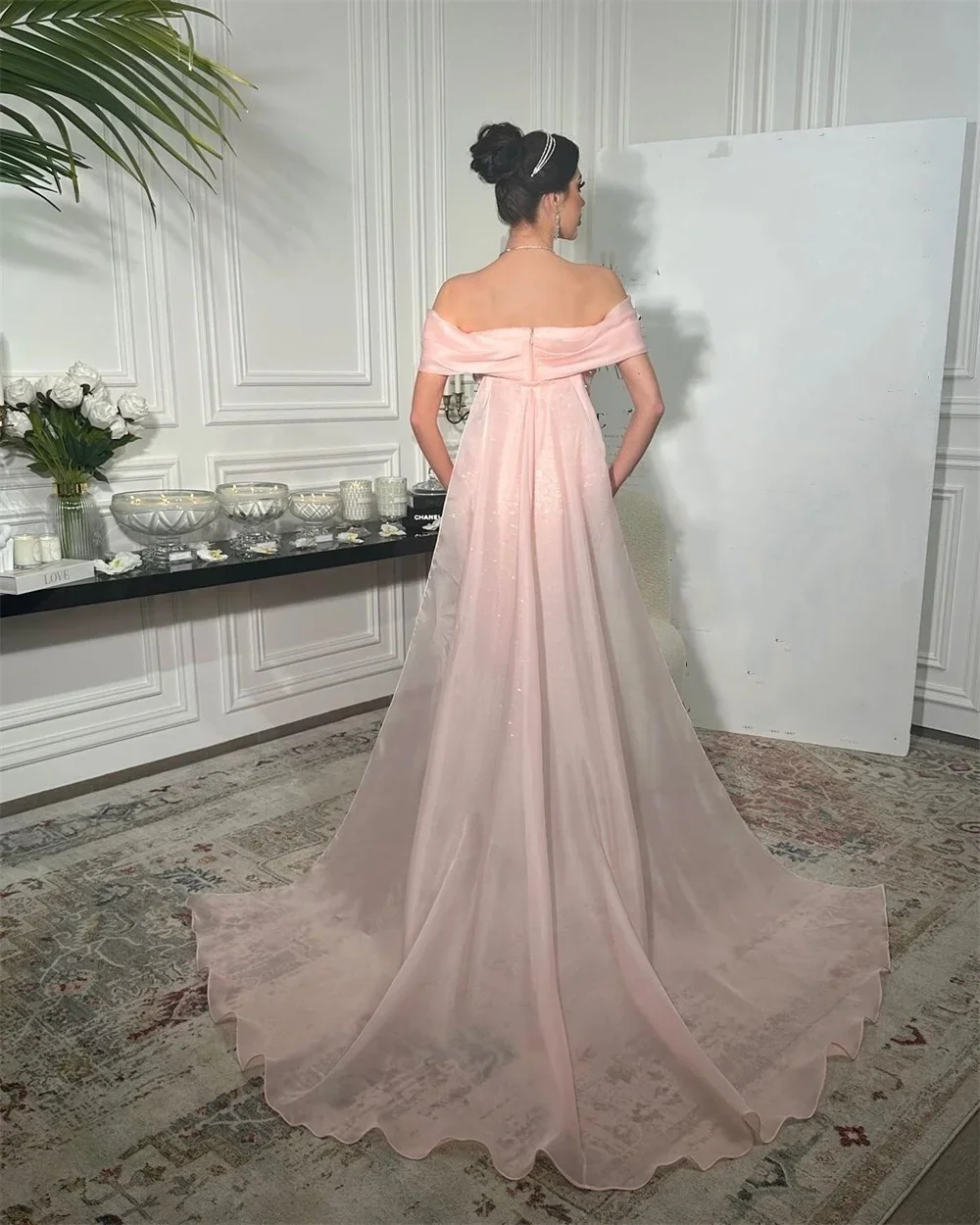 Customized Prom Gown Formal Evening Dress Asymmetrical Column Floor Length Open Back Skirts Sequin Tulle Stole Bead Bespoke Occa