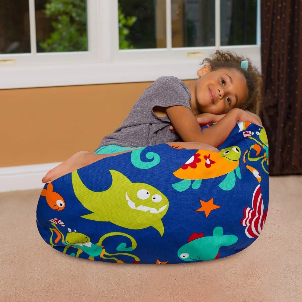Medium Bean Bag Chair, 27in Canvas Sea Creatures on Blue, Soft Washable Cover for Kids and Adults