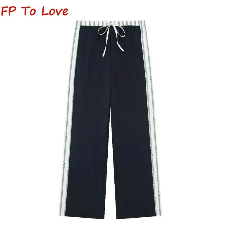 

Spring Summer 2024 Black Waisted Straight Leg PB&ZA Woman Side Stripe Pants 1255405