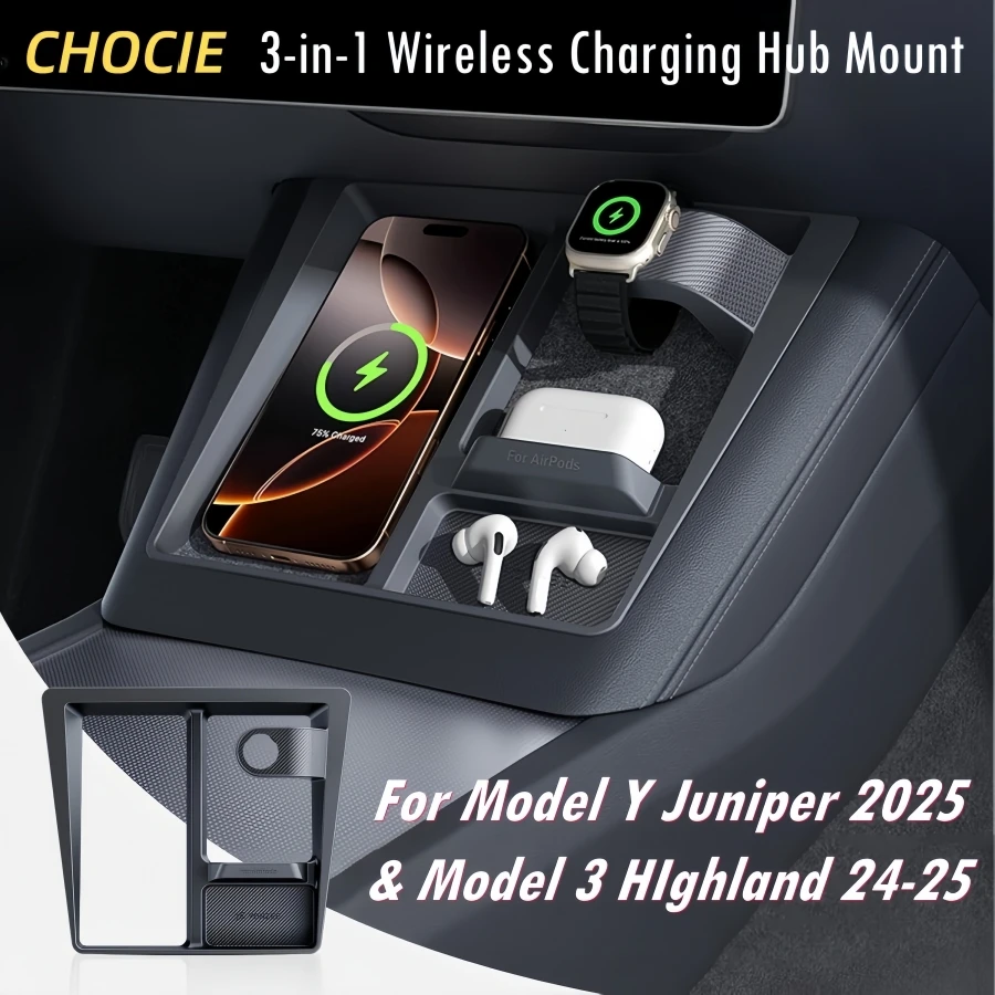 

For Tesla Model Y Juniper 2025 3-in-1 Wireless Charging Hub Mount Model 3 Highland 24-25 Center Console Organizer Holder