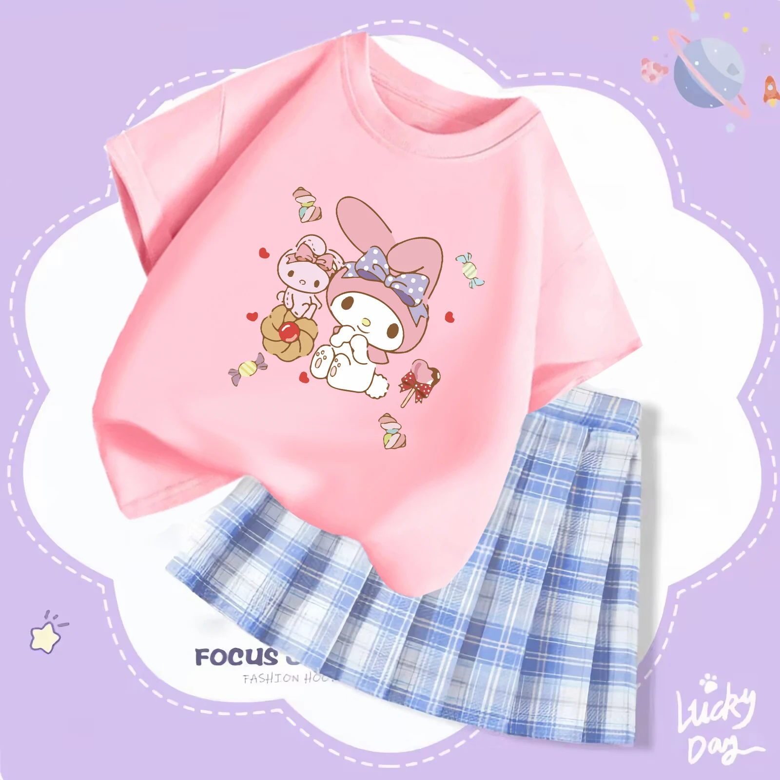 

Kawaii Sanrio Hello Kitty Cinnamoroll My Melody Cartoon Kids Jk Set Summer Cute Printed Short-Sleeved T-Shirt Pleated Skirt Set