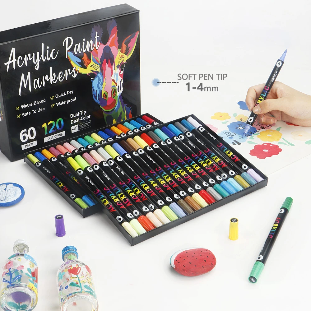 

12 pcs/24 colors Double headed dual color acrylic marker pen, soft tipped drawing pen, stationery set, graffiti pen