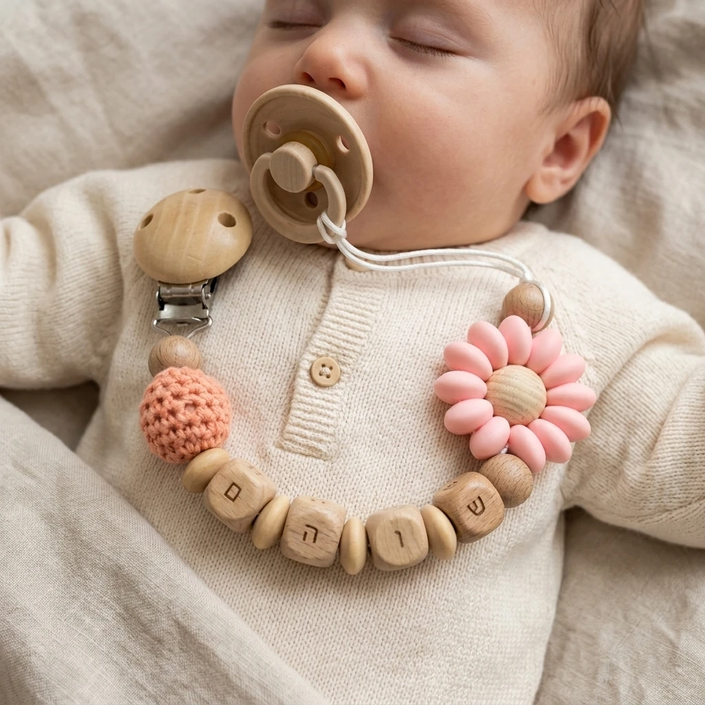 Personalized Hebrew Name Baby Pacifier Clip Custom Dummy Chain Wooden Beads Silicone Flower Soother Holder Newborn Gift