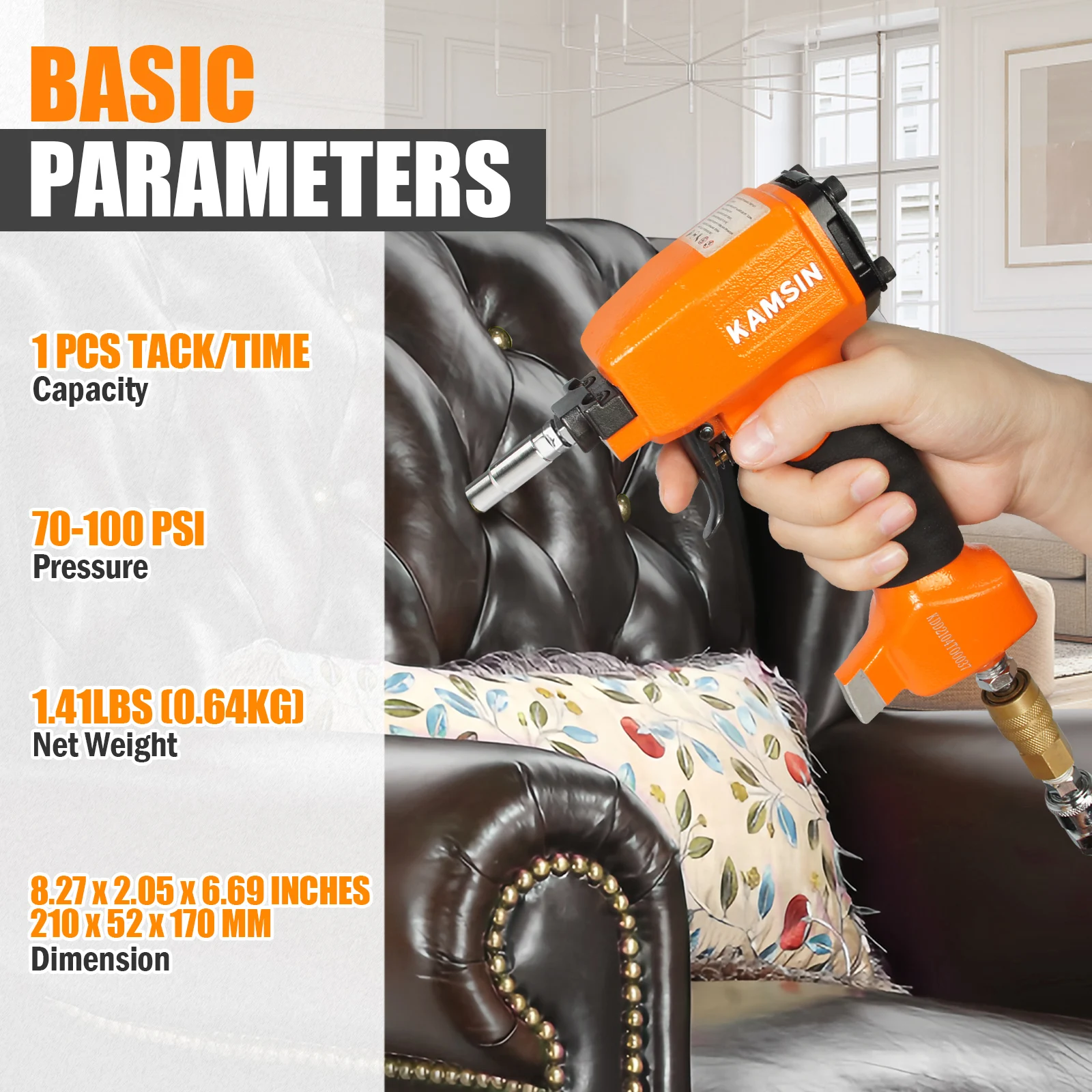 KAMSIN Pneumatic Decorative Pin Nailer with Loading Board, Finish Upholstery Tacks Stapler for Furniture