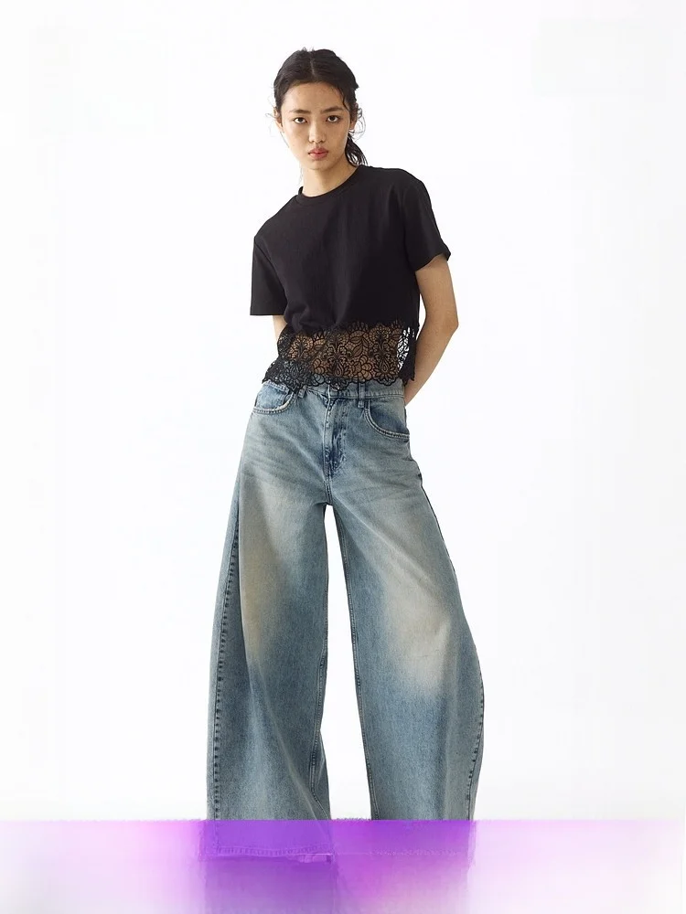 

Новая летняя женская кружевная футболка H&M: повседневный стиль, хлопок, короткий рукав, однотонная, стандартный крой, модная женская футболка