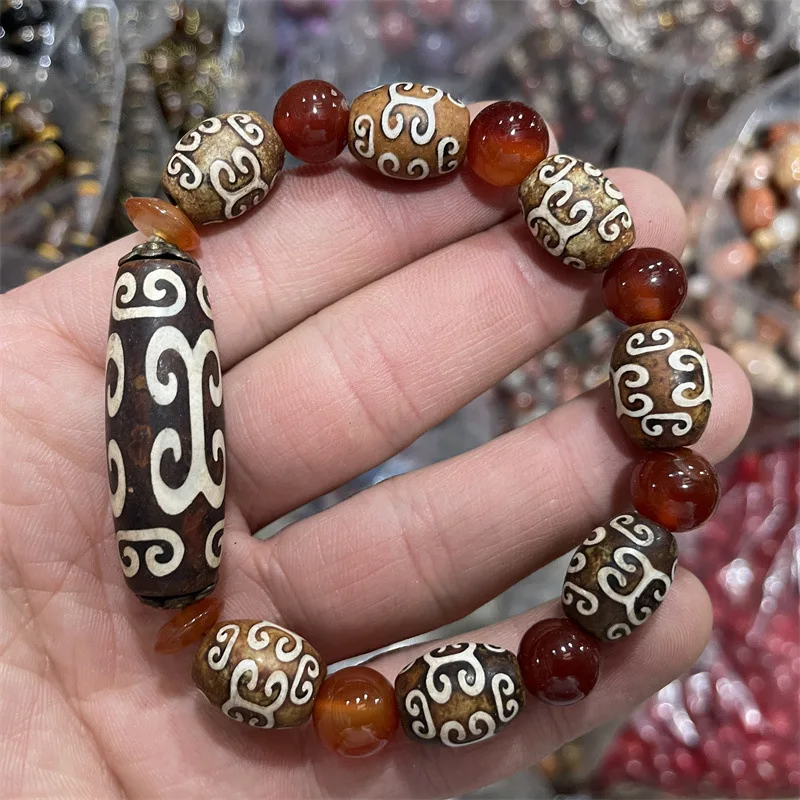 Intrusion Three- Tube Bead Nine-Eyed Dzi Old Agate Bracelet