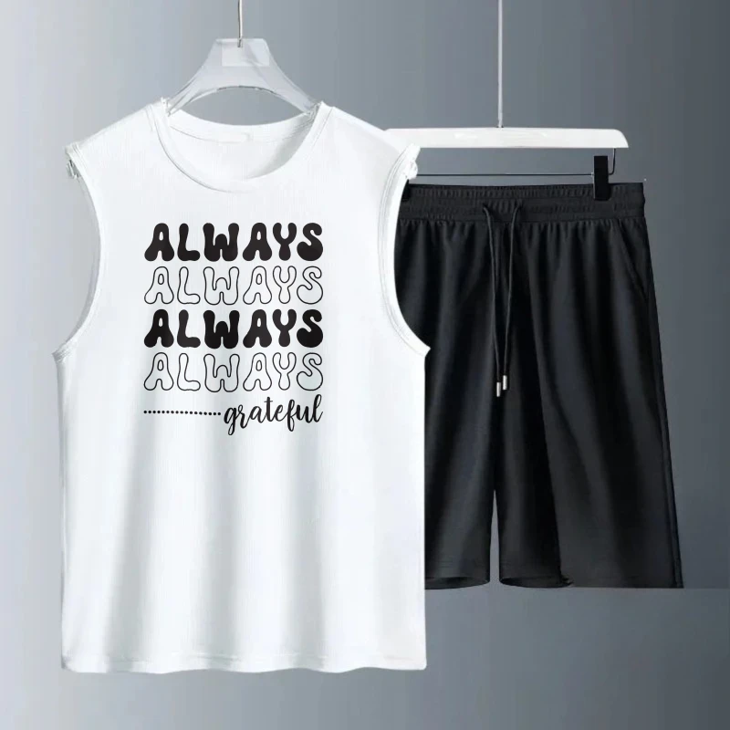 بدلة صدرية رجالية صيفية بدون أكمام مطبوعة دائمًا بالامتنان تانك القمم + شورت أطقم رياضية ملابس رياضية للرجال ملابس رياضية سريعة الجفاف #1